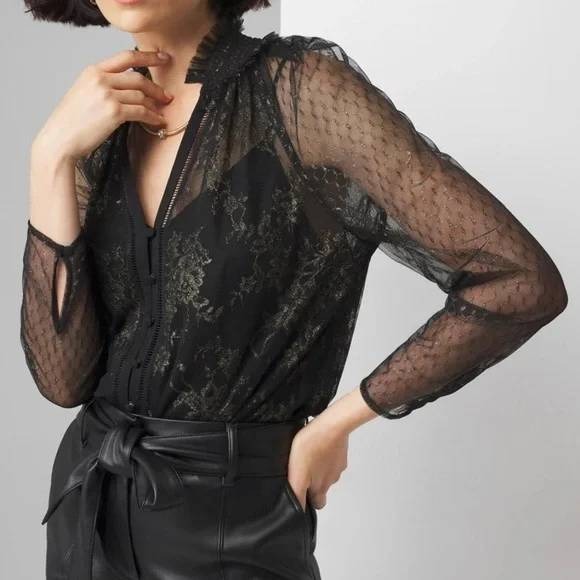 Nwt White House Black Market Black Gold Metallic Lace Smocked Neck Blouse 12 Y2k